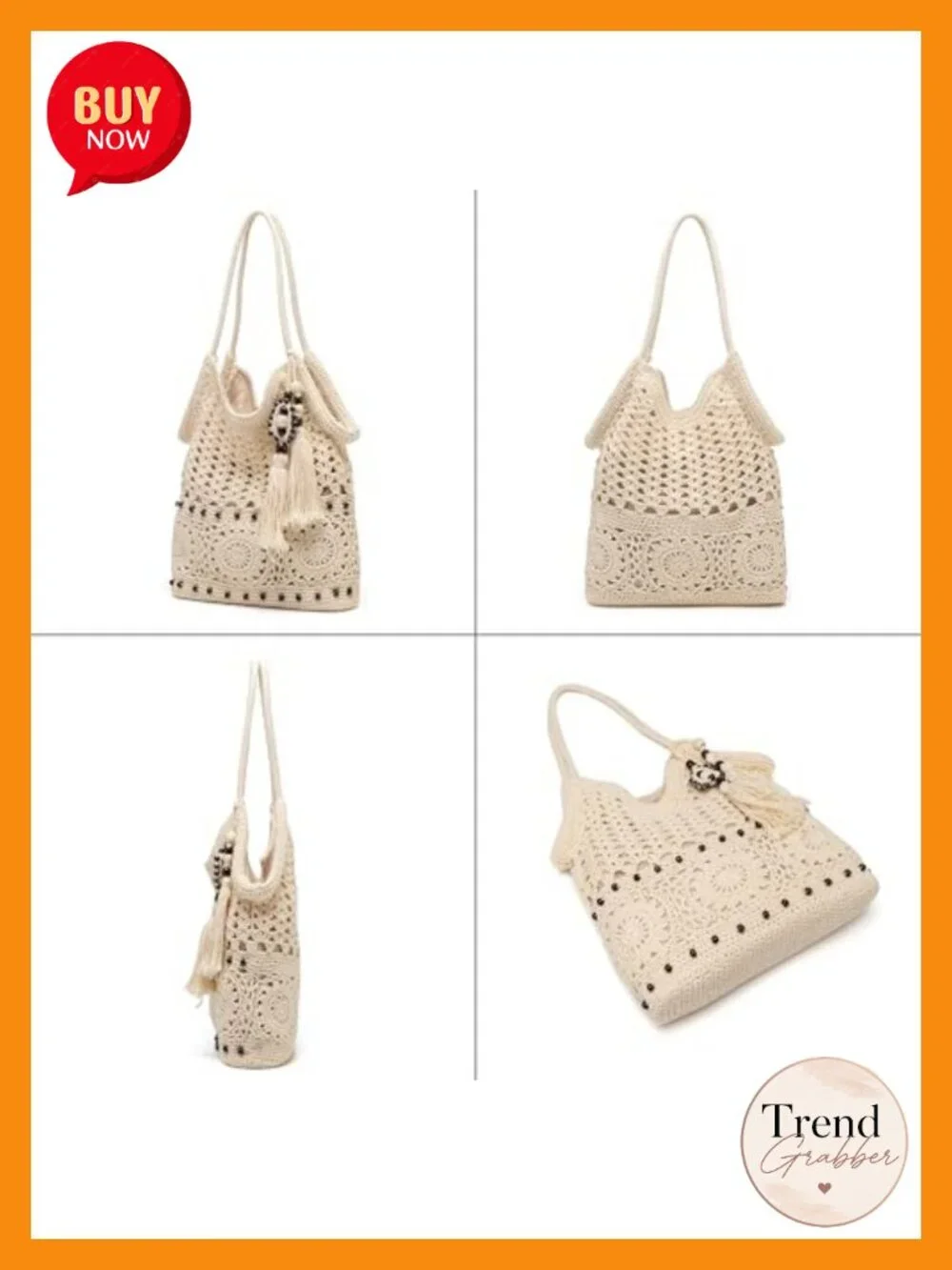 Woven Yarn Crochet Hobo Bag Tote with Tassels Boho Shoulder Purse